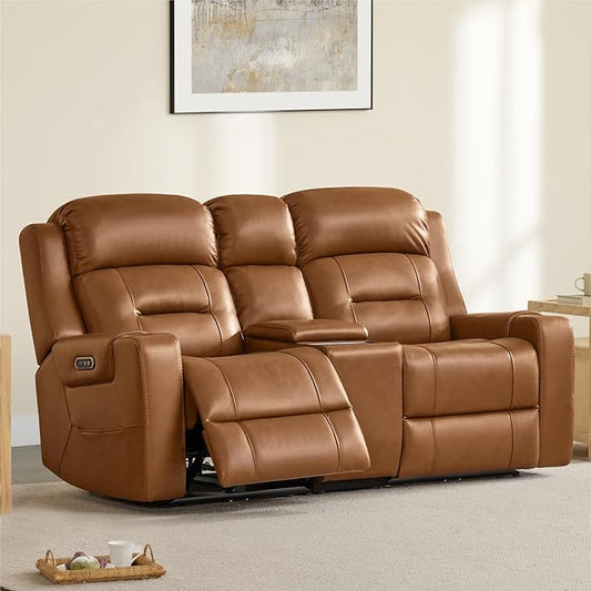 Watson & Whitely Genuine Leather Power Loveseat Recliner Sofa, Lay Flat Reclining Sofa with Console, Power Headrest, Cup Holders & Wireless Charging, Dual Recliner for Living Room, Saddle Brown