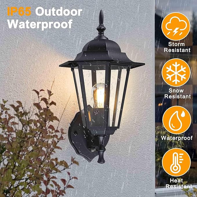Outdoor Wall Lantern, Dusk to Dawn Exterior Wall Sconce with Clear Glass, Waterproof Black Aluminum Porch Light, Anti-Rust Outside Lighting Fixtures for Patio Front Door Entryway, 2-Pack