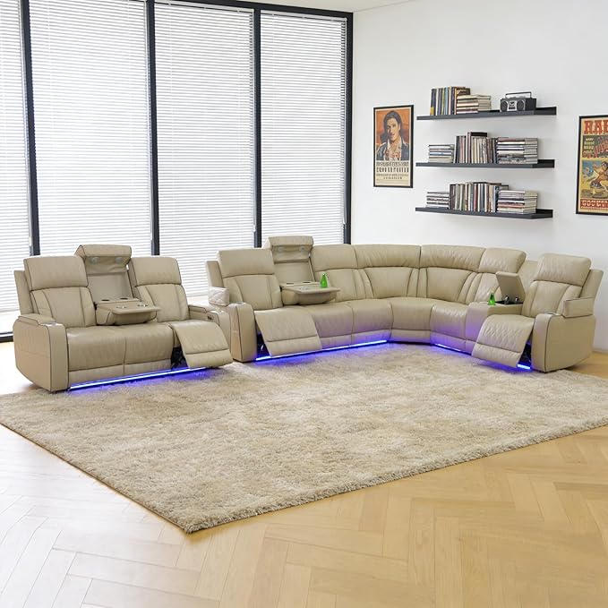 Power Recliner Sectional Sofa Set, Beige Leather Sectional Couch and 3 Seater Sofa for Living Room, L Shape Reclining Sofa with Cup Holder, Hidden Storage, Drop-Down Table for House(9 Seat)