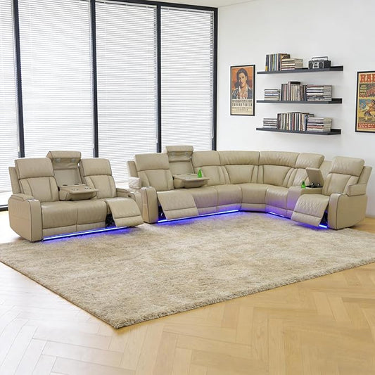 Power Recliner Sectional Sofa Set, Beige Leather Sectional Couch and 3 Seater Sofa for Living Room, L Shape Reclining Sofa with Cup Holder, Hidden Storage, Drop-Down Table for House(9 Seat)