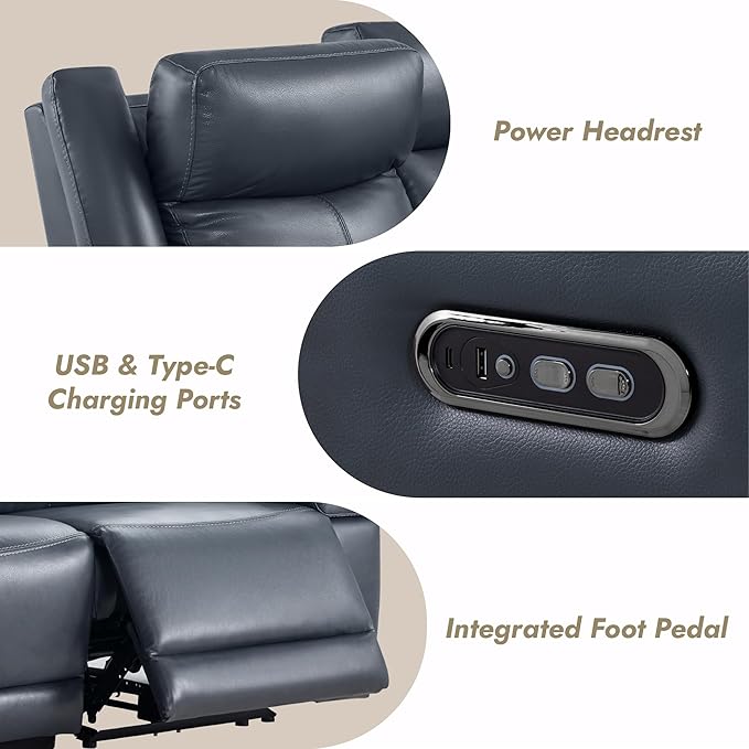 Watson & Whitely Genuine Leather Power Loveseat Recliner Sofa, 2 Seat Wall Hugger Reclining Sofa with Power Headrest & Charging Ports, Dual Recliner Sofas for Living Room, RV, Navy Blue