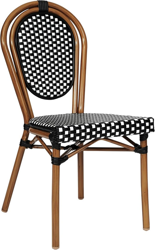 Flash Furniture Lourdes Indoor/Outdoor Commercial Thonet Bistro Stack Chair - Black/White PE Rattan Back and Seat - Natural Bamboo Print Metal Frame