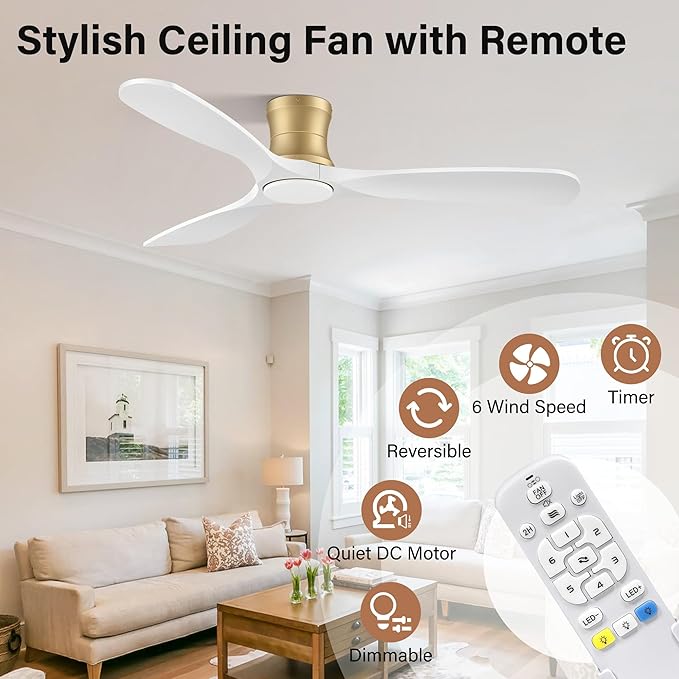 52" Wood Flush Mount Ceiling Fans with Lights Remote Control,Dimmable,Reversible,Modern Gold White Wood Ceiling Fan with Quiet DC Motor,Outdoor Indoor Low Profile for Bedroom Living Room Patio