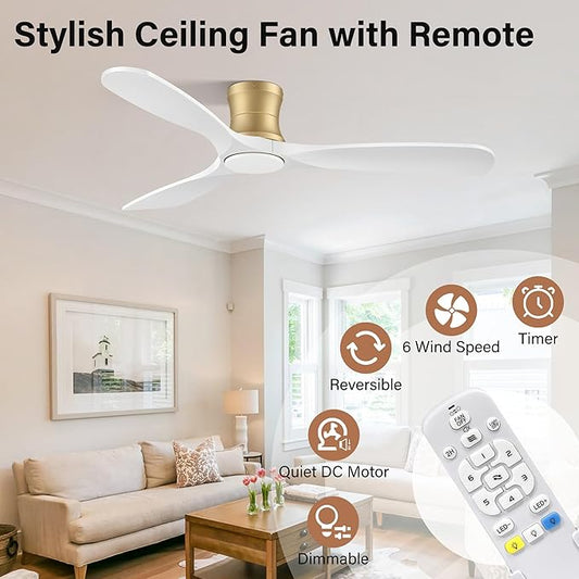 52" Wood Flush Mount Ceiling Fans with Lights Remote Control,Dimmable,Reversible,Modern Gold White Wood Ceiling Fan with Quiet DC Motor,Outdoor Indoor Low Profile for Bedroom Living Room Patio