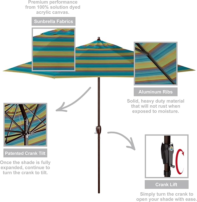 California Umbrella 12-Year Protection 9-Ft Outdoor Patio Umbrella, Sunbrella Fade-Resistant Acrylic Fabric, Auto Tilt and Crank, Heavy-Duty Aluminum Frame/ Reinforced Ribs, Bronze Pole, Astoria Lagoon