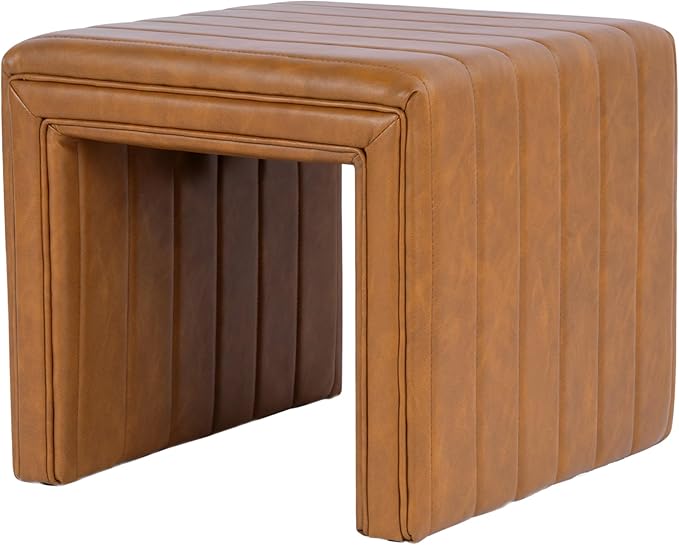 Spatial Order Modern Channel Tufted Faux Leather Ottoman | Spatial Order Home Décor | Ottoman for Living Room & Bedroom - Carmel Brown