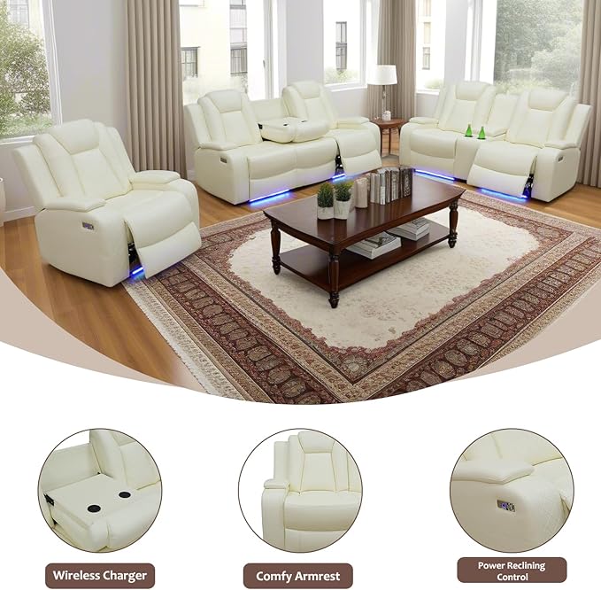 Power Recliner Sofa, Air Leather Reclining Couch with LED/Storage, 3-Seater Reclining Sofa, Creamy White Leather Couch for House/Apartment/Office