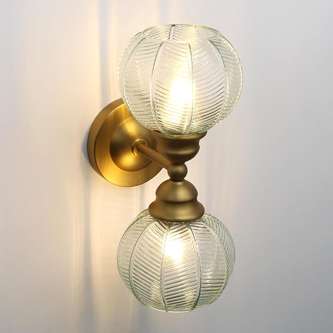 Pathson 2-Lights Vintage Wall Sconce with Green Leaf-Pattern Globe Glass, Double-Head Bathroom Vanity Lights Over Mirror, Brass Vintage Bathroom Sconce Lamp for Living Room Bedroom Above Mirror