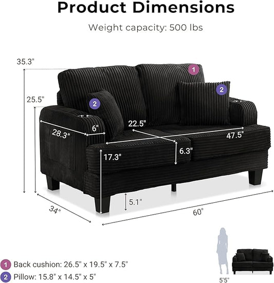 Homes: Inside + Out Reese Modern Plush Chenille Comfortable Loveseat with Side Pockets, Cup Holders and Pillows, Wooden Soft Couch for Living Room, Bedroom and Office, Black