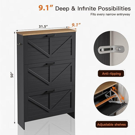 Nicetree Barn Door Shoe Cabinet for Entryway - Modern Farmhouse Shoe Storage Cabinet with 3 Flip Drawers - Slim Hidden Shoe Organizer for 24-32 Pairs - Fits Size 12 Work Boots