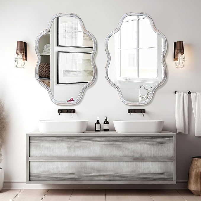 ULIKE Wall Mirror 24"x36" White Wavy Natural Wood Frame – Irregular Cloud Shape Vanity Mirror for Bathroom Bedroom Living Room Entryway