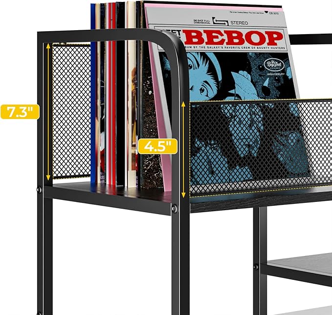Record Player Stand with LED Light, Turntable Stand with Vinyl Storage - Up to 300+ Albums, 3-Tier Record Player Table Cabinet, Adjustable Shelf & V-Shaped Holder, Vinyl Display Shelf for Living Room