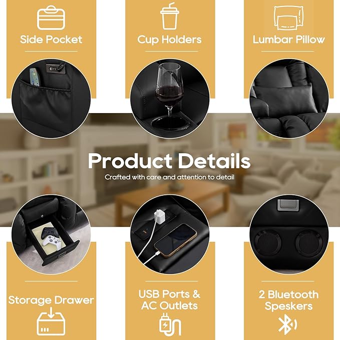 IPKIG Power Recliner Sofa with Flip-Up Backrest Console, USB & USB-C Ports, AC Outlet, LED Lights, Wall Hugger Recliners for Living Room, RV (Midnight Black, 67" - 3 Seat) | Breathable Leather, Zero Gravity, Dual Reclining, 2 Lumabr Pillow, Bluetooth S...