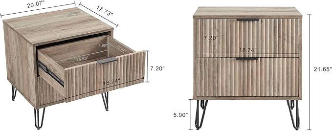 Manhattan Comfort Dumbo Modern Nightstand 2.0 with 2 Metal Feet | Splayed Gold Legs | Vertical Ribbed Design | No Tool Assembly Storage for Bedroom, Set of 2, Rustic Grey