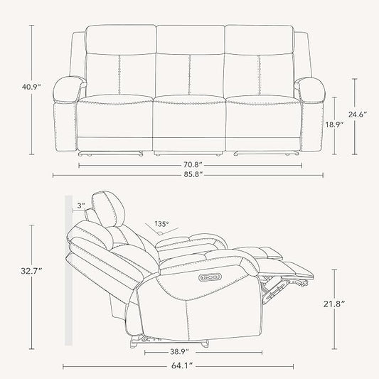 Watson & Whitely Genuine Leather Power Recliner Sofa, 3 Seater Wall Hugger Reclining Sofas with Power Headrest, USB & TypeC Ports, Electric Recliner Couch Set for Living Room, Dark Brown
