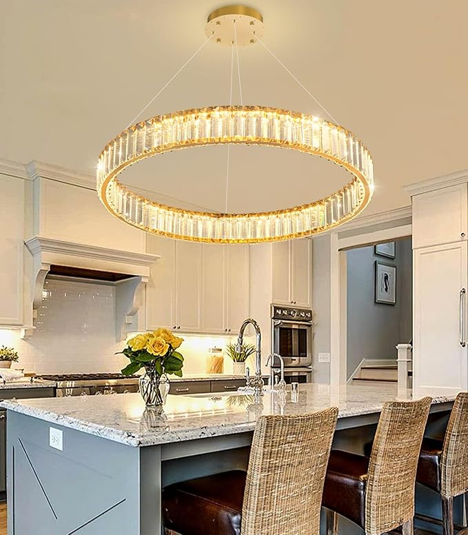 24'' Modern Ring Chandelier Crystal Chandeliers for Dining Room Round LED Dimmable Ceiling Light Fixture for Living Room Bedroom Lighting Gold