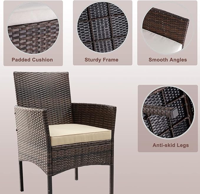 Zanzio Patio Furniture Set, 4 Pieces Porch Backyard Garden Outdoor Furniture Rattan Chairs and Table Wicker Conversation Set with Beige Cushions, Black-Brown
