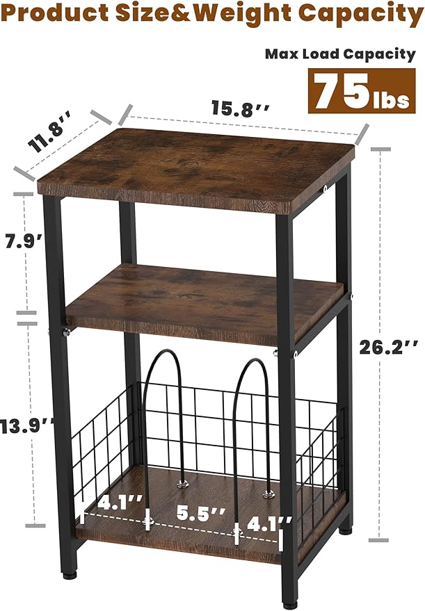 Record Player Stand, 3 Tier Side End Table with Vinyl Record Storage Basket, Turntable up to 100 Albums Record Shelf Display Holder Cabinet for Living Room, Bedroom, Office, Black