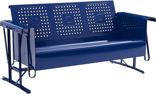 Crosley Furniture Bates Retro Metal Outdoor Sofa Glider, 3-Person Rocking Patio Bench for Porch, Deck, Navy Gloss