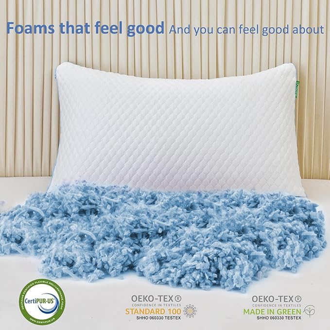 Shredded Memory Foam Pillows for Sleeping 2 Pack - Cooling Bed Pillows Standard Size Set of 2 - Firm Pillow for Side and Back Sleepers Adjustable Gel Pillow with Removable Cover