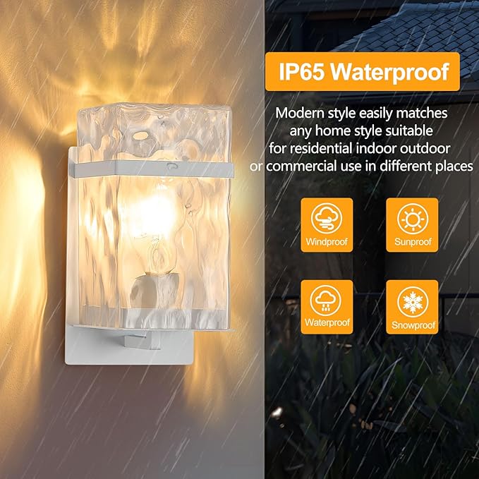 Outdoor Wall Light, White Exterior Waterproof Lanterns,Porch Sconces Wall Mounted Lighting with E26 Sockets & Glass Shades, for Garage,Doorway,Patio,Front Door