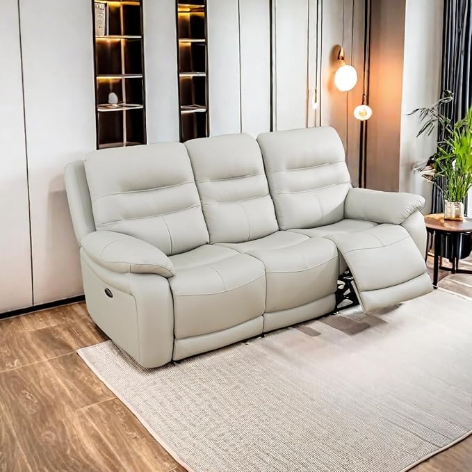 Power Reclining Sofa Set, Genuine Leather Recliner Sofa Set,Living Room Furniture Setwith USB Charging and LED Lights,for Living Room/Apartment/Office/Home Theather,Light Grey,S