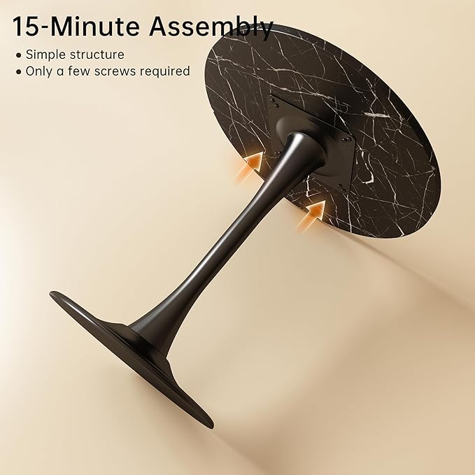 Black Marble Round Dining Table 24" Circle Tulip Table with Thickened Tabletop & Sturdy Metal Pedestal Mid Century Modern Leisure Bistro Kitchen Tables 2 People Small Places Living Room Cafe
