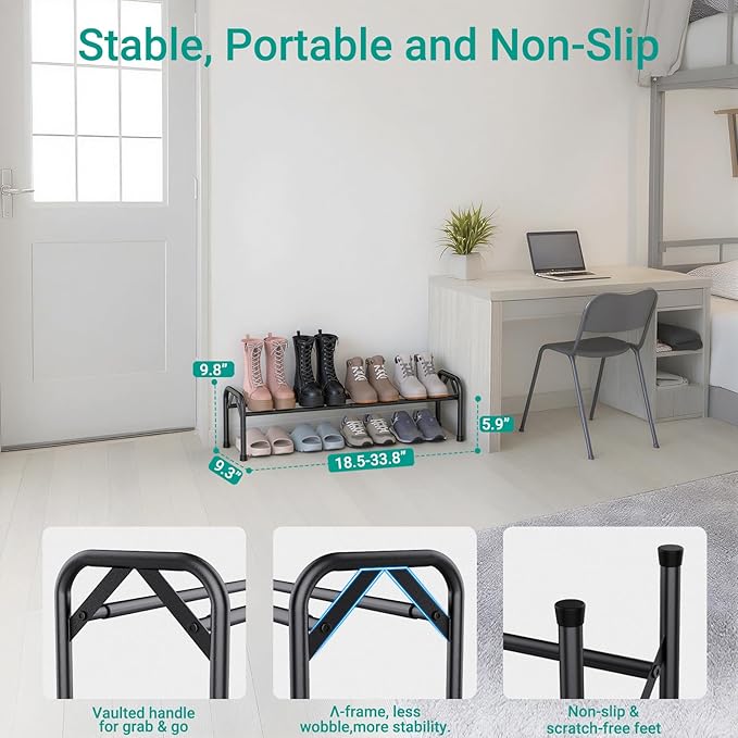 1-Tier Expandable Shoe Rack for Closet Floor, Λ-Frame Metal Small Shoe Rack for Entryway, Adjustable Shoe Shelf Organizer, Free Standing Shoe Racks for Front Door Entrance, Garage - Black