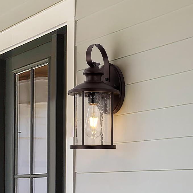 MICSIU 13.75" Oil Rubbed Bronze Outdoor Wall Light Fixtures, 100W Max Exterior Porch Sconce with Clear Seedy Glass, Dimmable Anti-Rust Wall Mount Lighting for House, Garage, Entryway, E26 Base