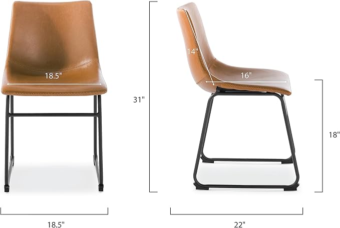 POLY & BARK Brinley Dining Chair Set of 2 - Modern Armless Dining Chairs with Gently Curved Backrest and Wood Legs - Tan - Comfortable Faux Leather Seating for Kitchen or Dining Room