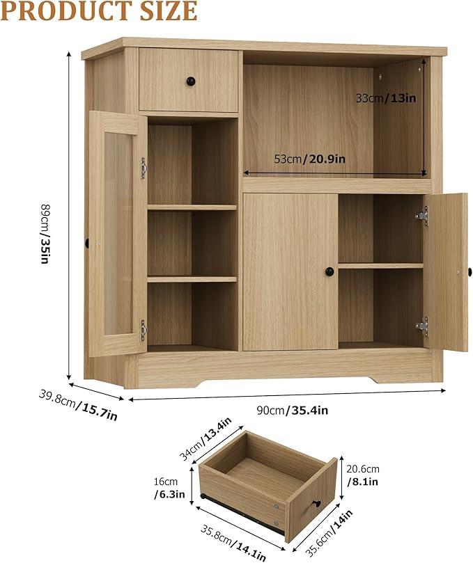 GarveeHome Kitchen Microwave Cabinet with Storage and Drawers, Modern Small Buffet Cabinet with Glass Doors and Adjustable Shelf, Wooden Sideboard with Wide Top for Dining Room, Living Room, Natural