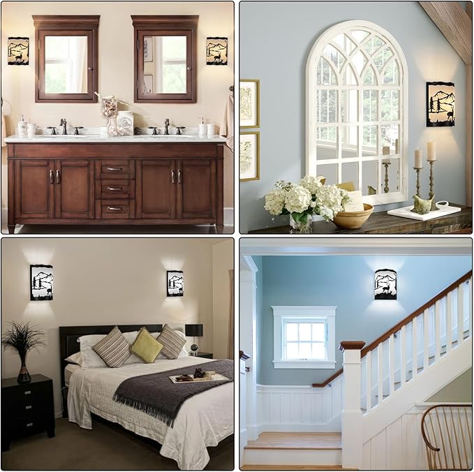 Farmhouse Deer Wall Sconce Light with Shade, E26 Base – Small Modern Rustic Wall Lamp Fixture for Bedroom, Living Room, Hallway, Stairway, Headboard, Porch, or Cabin -9 H* 7W*4.5 D（in）