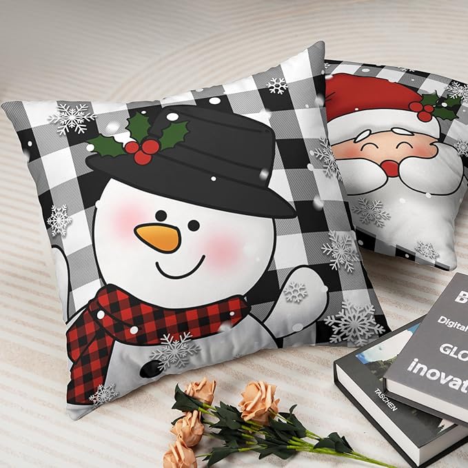 Xmas Santa Claus and Snowman Christmas Pillow Covers 16x16 Set of 2 Black and White Plaid Throw Pillow Covers Warm Soft Touch Cotton Blend Winter Pillows Cases for Bedroom Sofa
