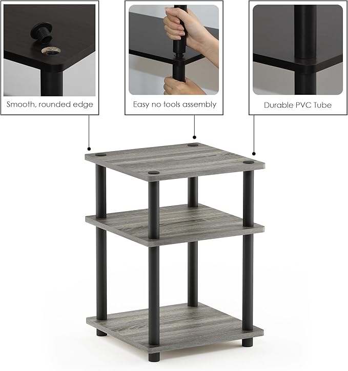 Furinno TURN-N-TUBE Side Table, 3-Tier Square Modern End Table, Open Shelves Nightstand, Night Stand, Bedside Table, Easy Assembly, for Living Room, Bedroom, French Oak