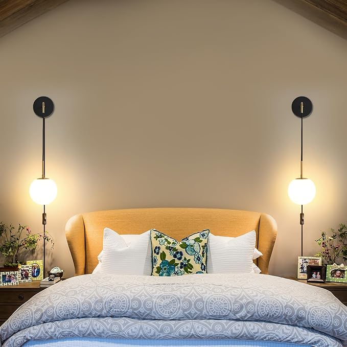 Plug in Wall Sconces Set of 2 Black and Brass Gold Wall Sconces Set of Two Plug in Hanging Wall Lamp with Plug in Cord with Globe White Glass Shade Vintage Wall Lights with Switch for Bedside
