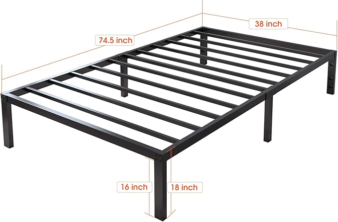 18 Inch Tall 3500lbs Heavy Duty Bed Frame Metal Platform/Maximum Storage/Mattress Foundation/Steel Slats Support/Noise Free/Box Spring Replacement,Twin
