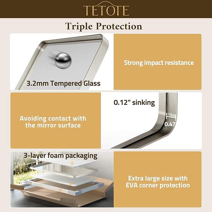 TETOTE Brushed Nickel Mirror 22 x 30 Brushed Nickel Metal Framed Bathroom Mirror, Tempered Glass, Modern Farmhouse Wall Mounted Mirror for Decorative(Horizontal/Vertical)