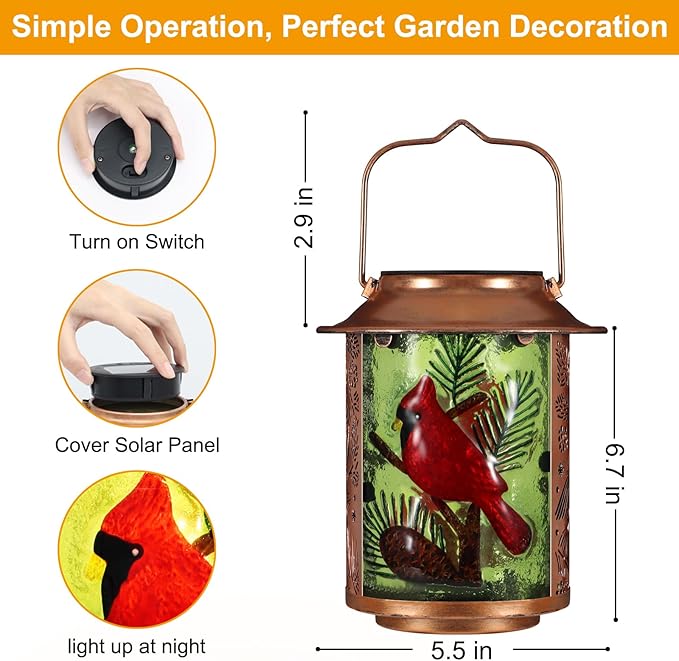 Cardinal Solar Lanterns Outdoor Waterproof,Birthday Gifts for Women Mom Grandma Garden Decor,Hanging Solar Lights Wall Mount Decorations for Yard,Front Porch,Patio,Lawn Pathway Landscape(Pine Tree)