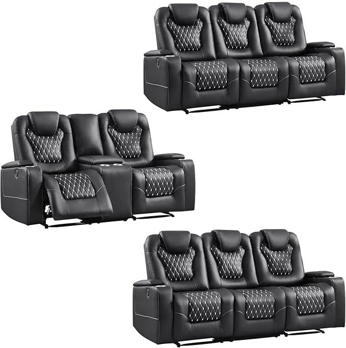ANJ Power Recliner Sofa Set, Faux Leather Reclining Couch Sets for Living Room, Included Loveseat Sofa and 2PC 3 Seat Recliner Sofa, Black