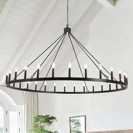 Black Extra Large Wagon Wheel Chandelier, 60 inch 30 Lights Farmhouse Chandelier, Industrial Candle Round Pendant Light Fixture for High Ceiling Living Room Dining Room Entryway