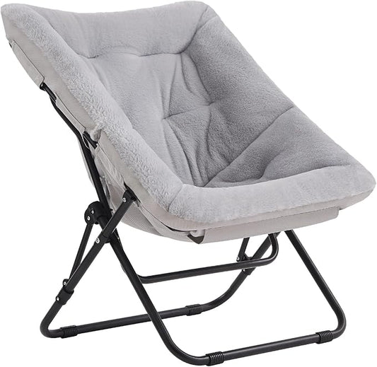 Tiita Comfy Saucer Chair, Soft Faux Fur Oversized Folding Accent Chair, Lazy Chair for Teens Adults, Metal Frame Moon Chair for Bedroom, Living Room, Dorm Rooms, X-Large, Grey