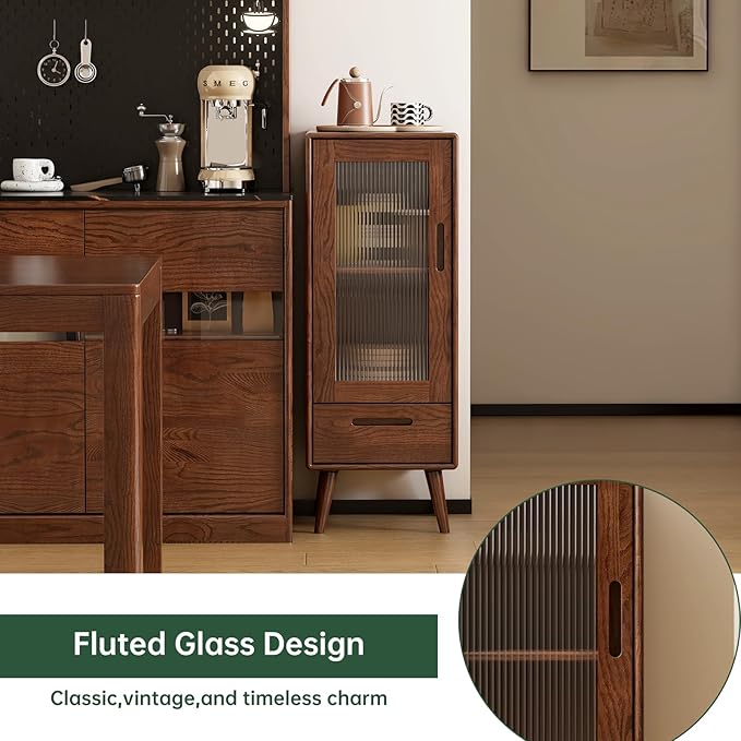 100% Solid Oak Storage Cabinet, Mid Century Modern Buffet Cabinet with Storage, Wooden Sideboard with Door and Adjustable Shelves for Living Room, Kitchen(12.6"D x 14.9"W x 39.3"H, Walnut)