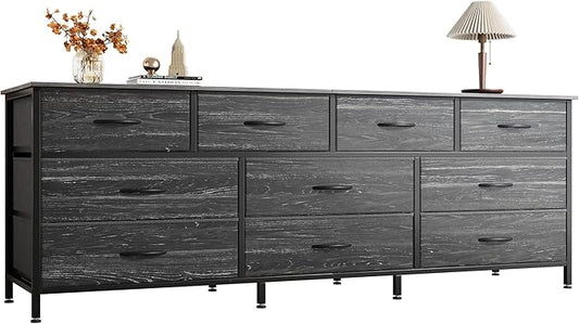 Huuger 63 Inch Dresser for Bedroom, Long Dresser with 10 Fabric Drawers, Large TV Stand for 55, 65, 70 Inch TV, Toy Storage Organizer for Closet, Charcoal Black Wood Grain Print
