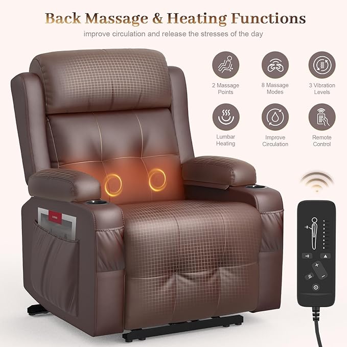 Extra Wide Seat Recliner Chair with Heat and Back Massage, Electric Power Oversized Reclining Chair Infinite Position with Storage Armrests & 2 Cup Holders for Living Room, Manual Recliners