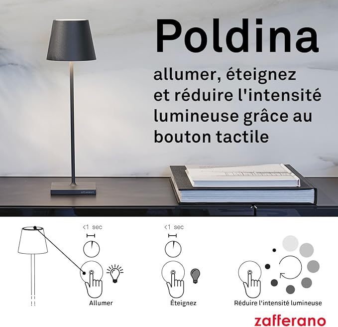 Zafferano Poldina Pro LED Table Lamp (Red) Touch On/Off, Touch Dimmable, Powder Coated Aluminum, IP54 Protection, Indoor/Outdoor, Contact Charging Base, USA Plug, A++ Energy Efficiency