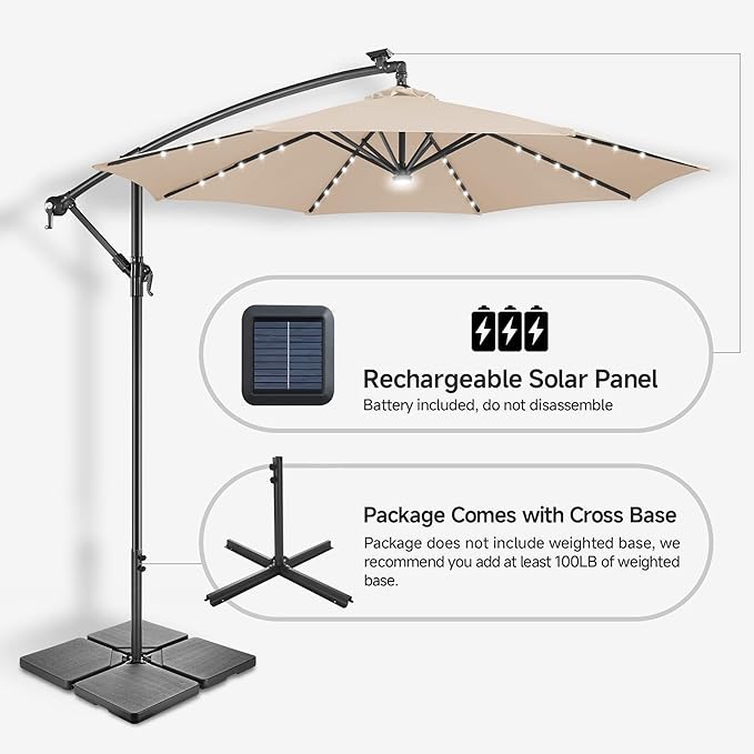 FLAME&SHADE 10ft Solar Cantilever Umbrella with 40 LED Lights, Lighted Large Offset Outdoor Patio Umbrellas, 8 Sturdy Ribs, UPF50+ UV Protection for Pool Deck Garden Yard, Beige