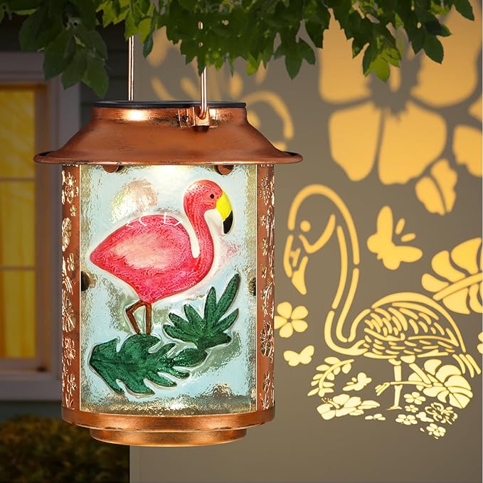 Flamingo Solar Lanterns Outdoor Waterproof,Birthday Gifts for Women Mom Grandma Garden Decor,Hanging Solar Lights Wall Mount Decorations for Yard,Front Porch,Patio,Lawn Pathway Landscape