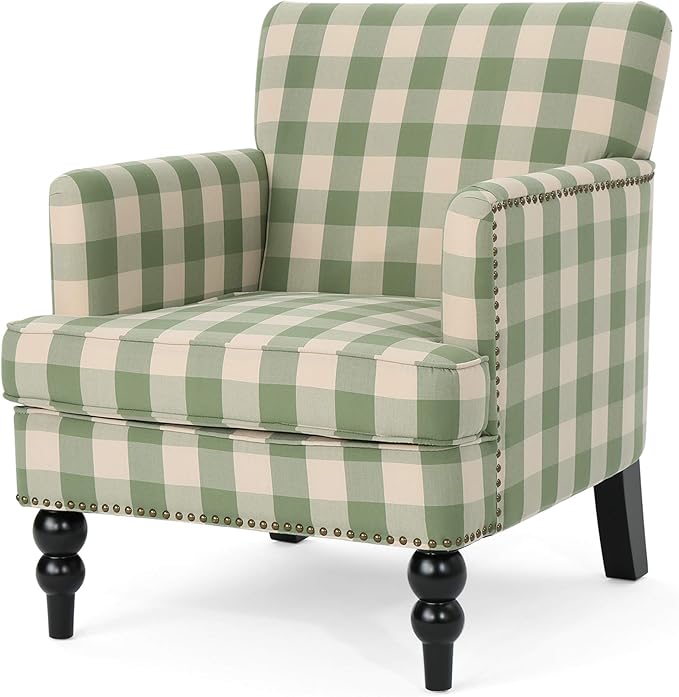 Christopher Knight Home Eve Modern Upholstered Club Chair, Wooden Living Room Accent Chair, Comfy Bedroom Reading Chair, Multifunctional Armchair, Green Checkerboard