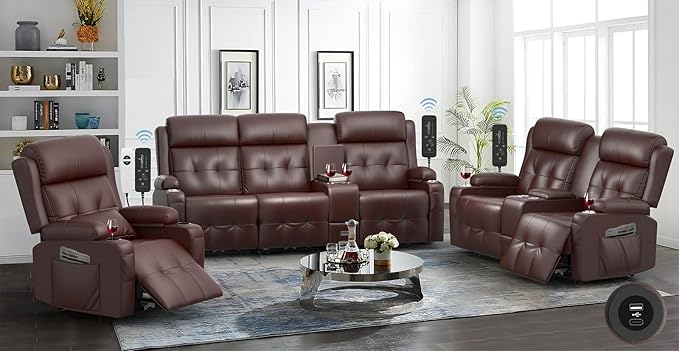 Recliner Sofa, 3 Seater Massage Reclining Loveseat Sofa Sets, 1 Lovseat Reccliner, 2 Single Power Recliner Chairs Heat & Massage, Heavy Weight Capacity, RV Clearance Couch with Console, USB, Type C