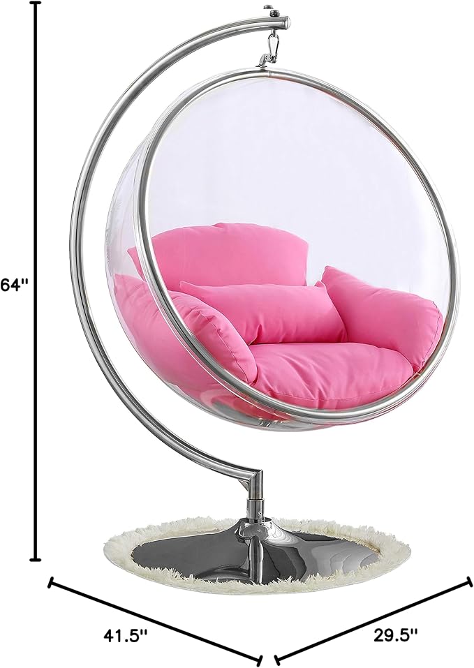 Meridian Furniture 507Pink Luna Collection Modern | Contemporary Clear Acrylic Accent Swing Chair with Durable Metal Base and Fabric Seat, Pink, Chrome Finish, 41.5" W x 29.5" D x 64" H